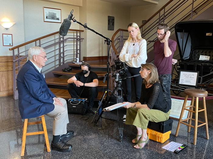 Crew filming Nick at City Hall in Oxford, NC