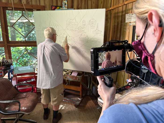 Crew filming Nick in his Winston-Salem NC studio at night